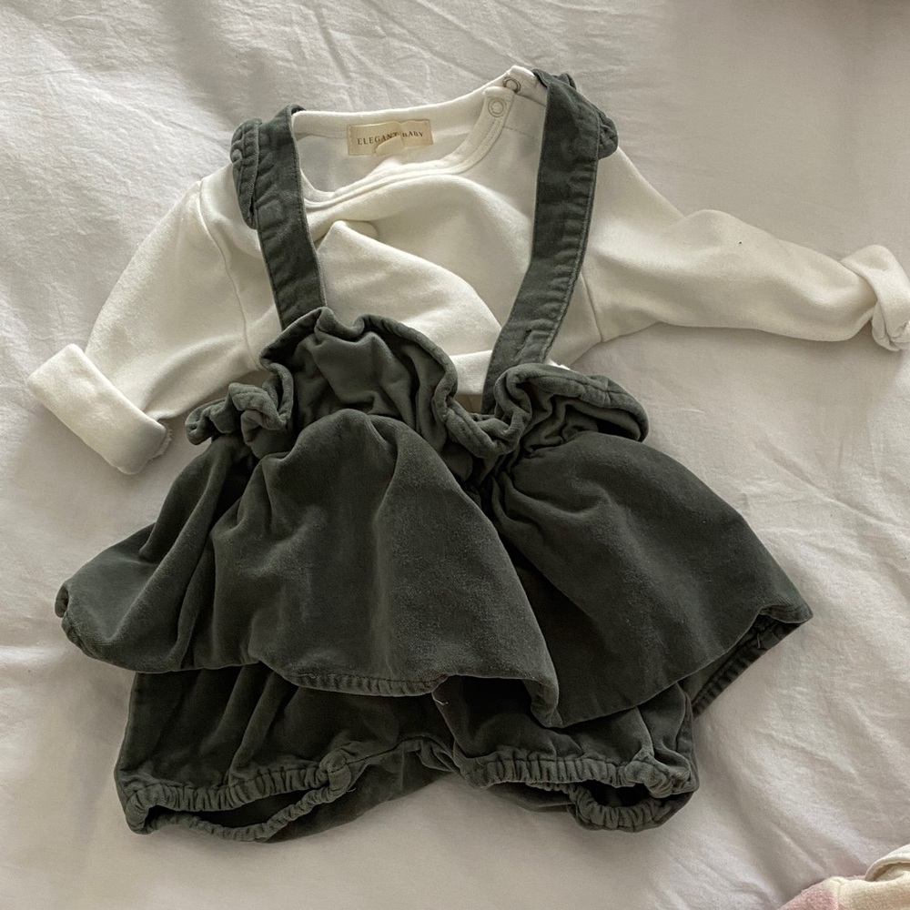 Elegant Baby Olive Green Ruffle Suspender Romper Set